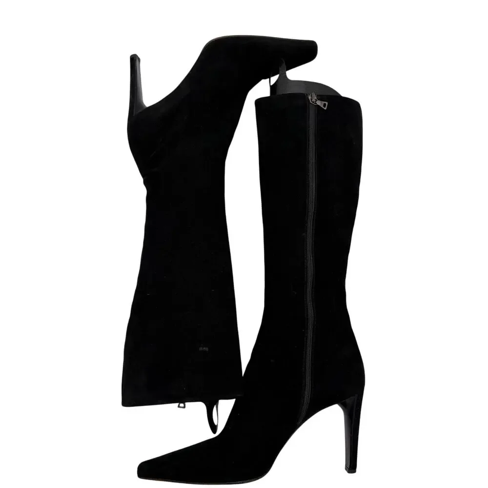 Prada Vintage Black Elegant Suede Leather Minimalist Tall Chic Boots IT 40